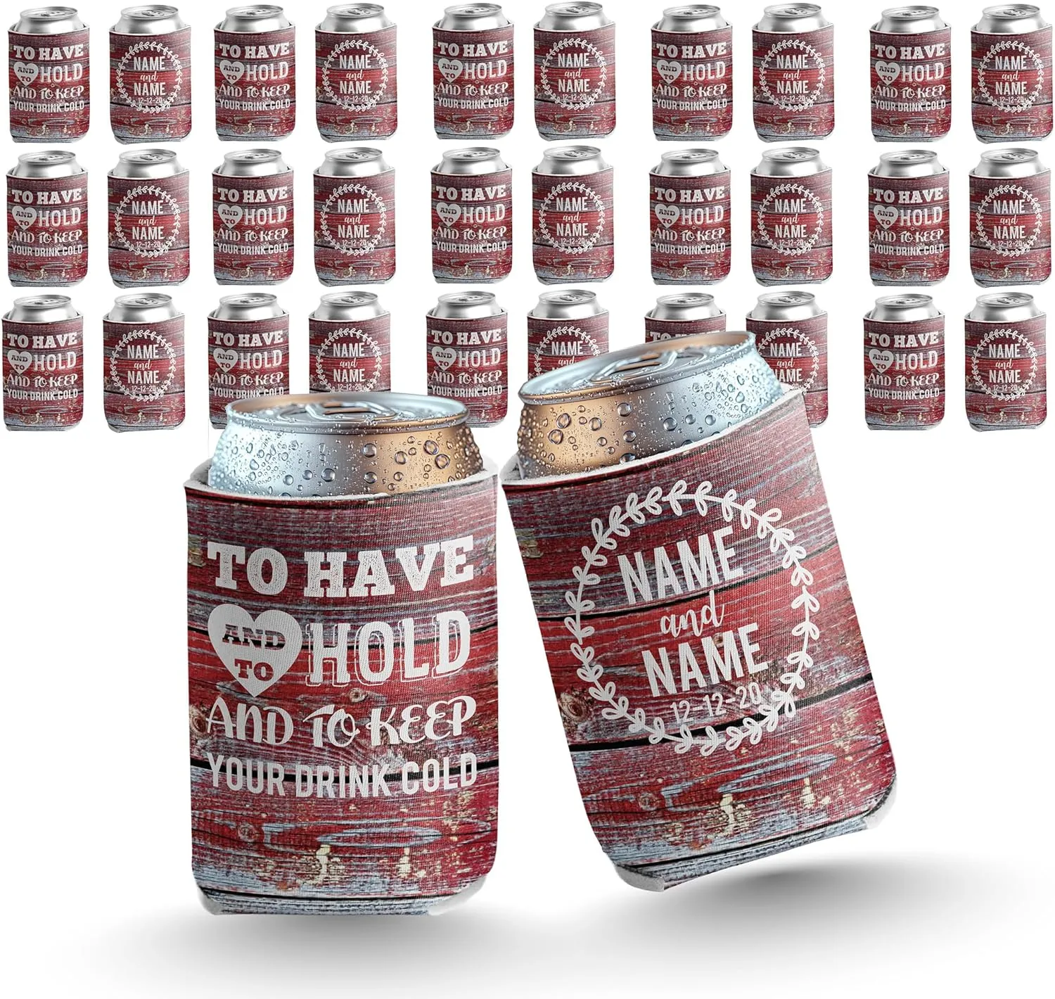 VictoryStore Can and Beverage Coolers: Customizable Red Barn wood “To Have And To Hold” Rustic, Vintage Wedding Can Coolers Design 3 (100)
