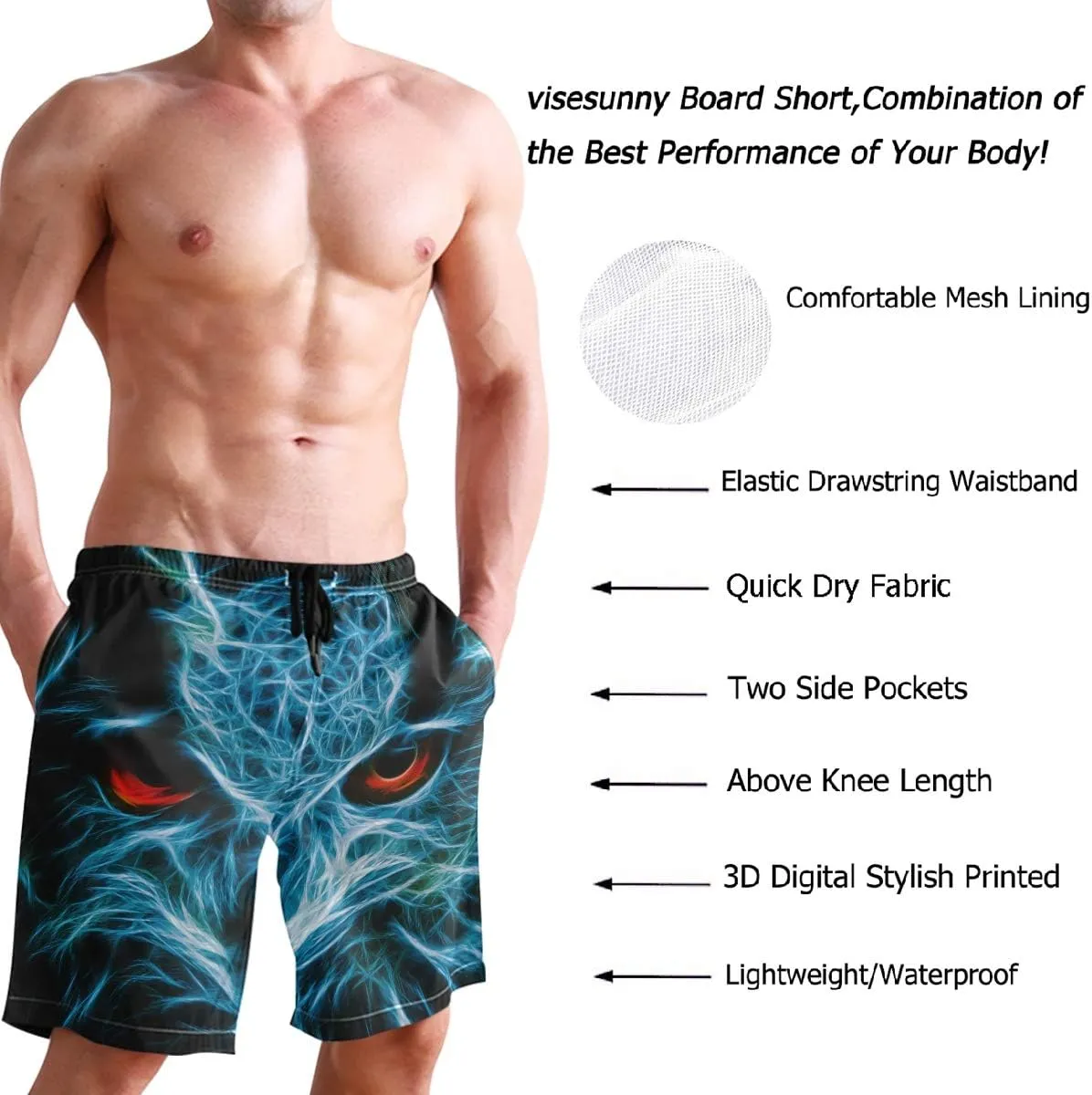 visesunny Mens Funny Swim Trunks Quick Dry Beachwear Sports Running Swim Board Shorts Mesh Lining