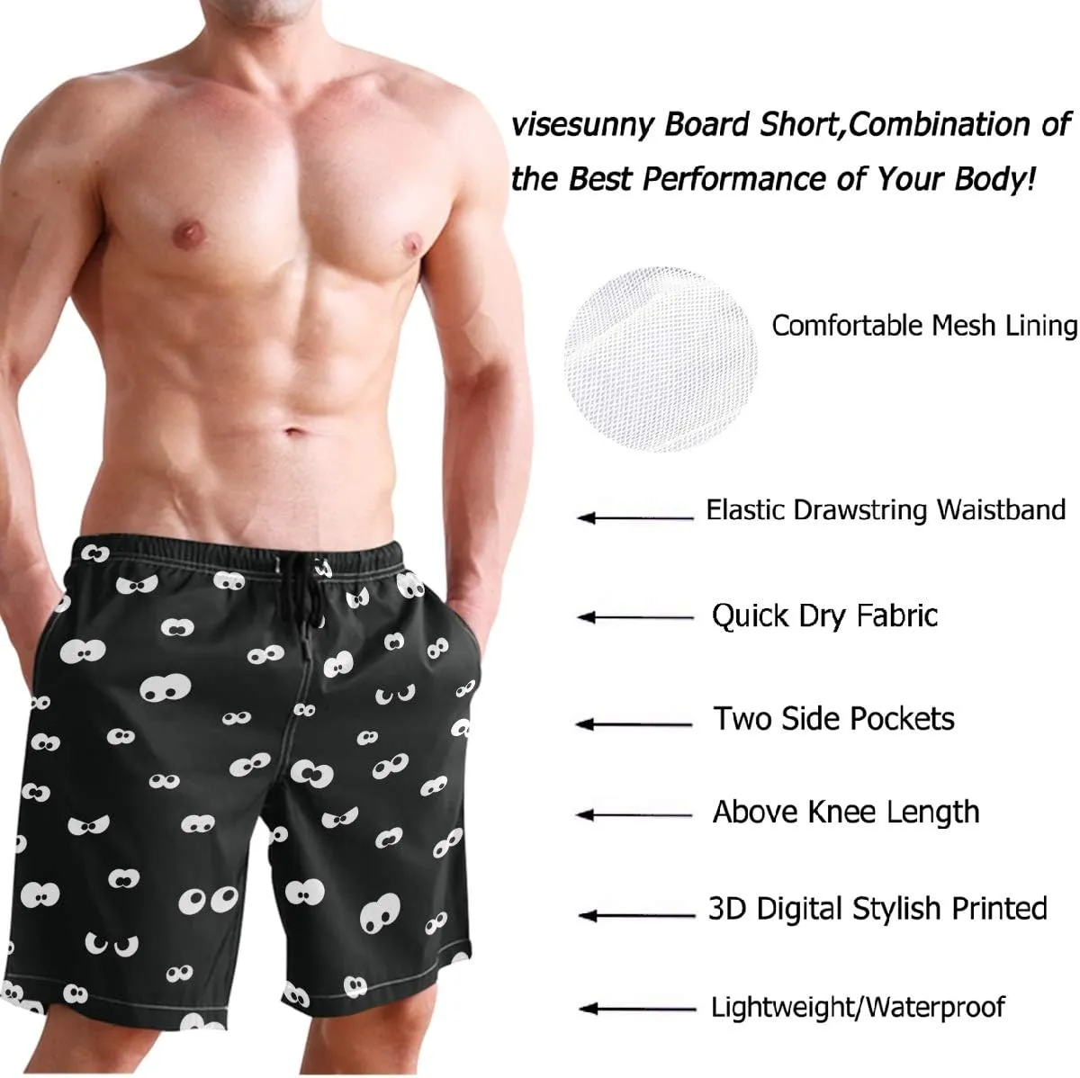 visesunny Mens Funny Swim Trunks Quick Dry Beachwear Sports Running Swim Board Shorts Mesh Lining