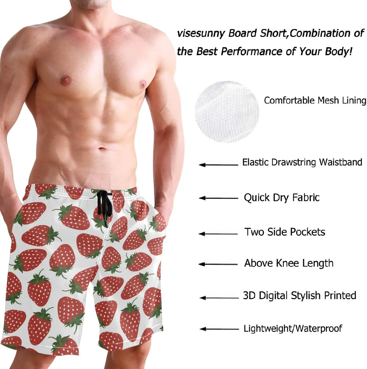 visesunny Mens Funny Swim Trunks Quick Dry Beachwear Sports Running Swim Board Shorts Mesh Lining
