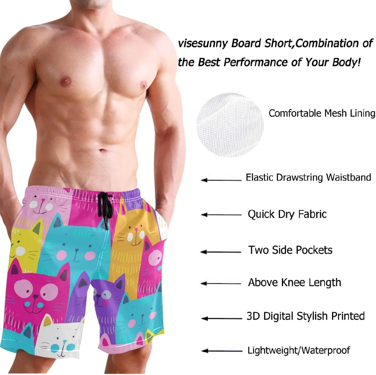 visesunny Men's Novelty Beach Shorts Quick Dry Swimwear Sports Running Swim Board Shorts Bathing Suits