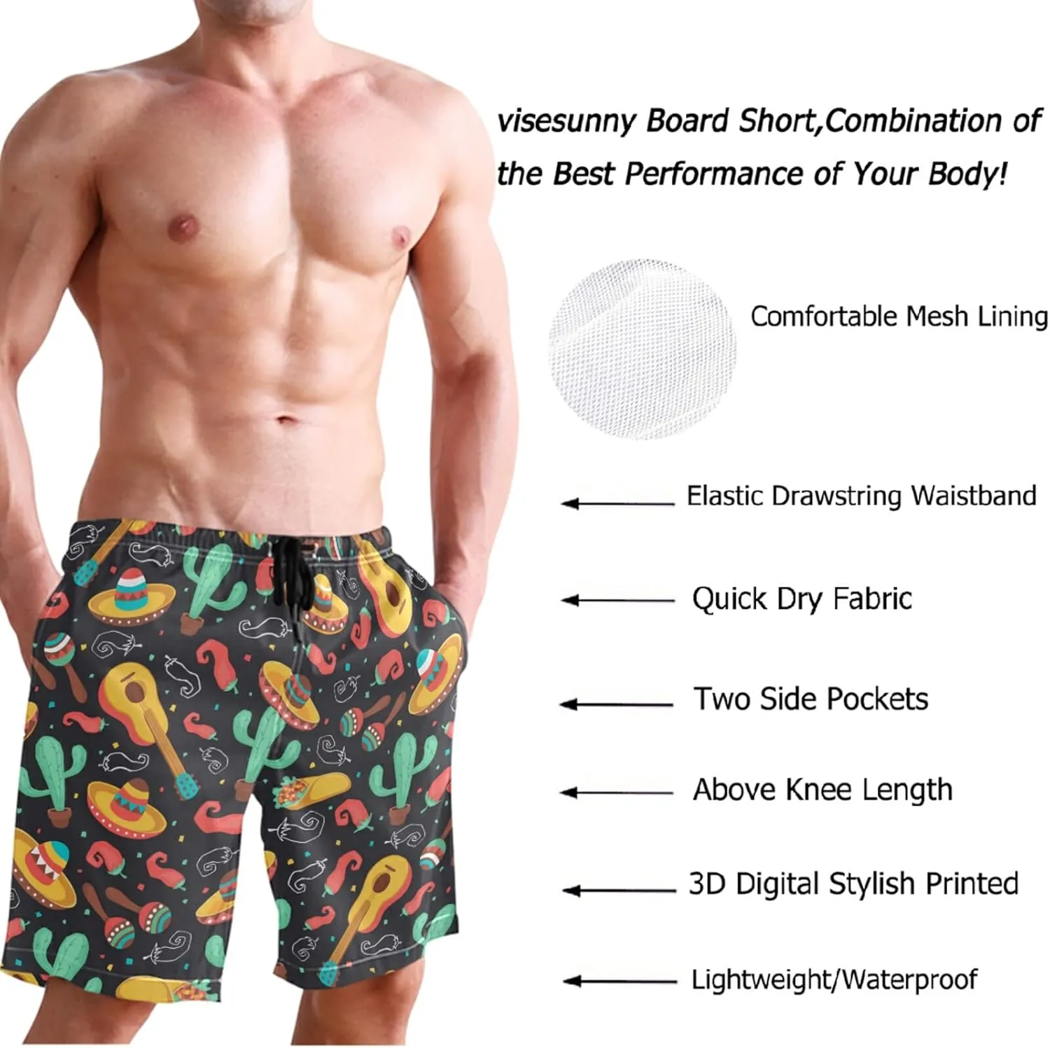 visesunny Men's Novelty Beach Shorts Quick Dry Swimwear Sports Running Swim Board Shorts