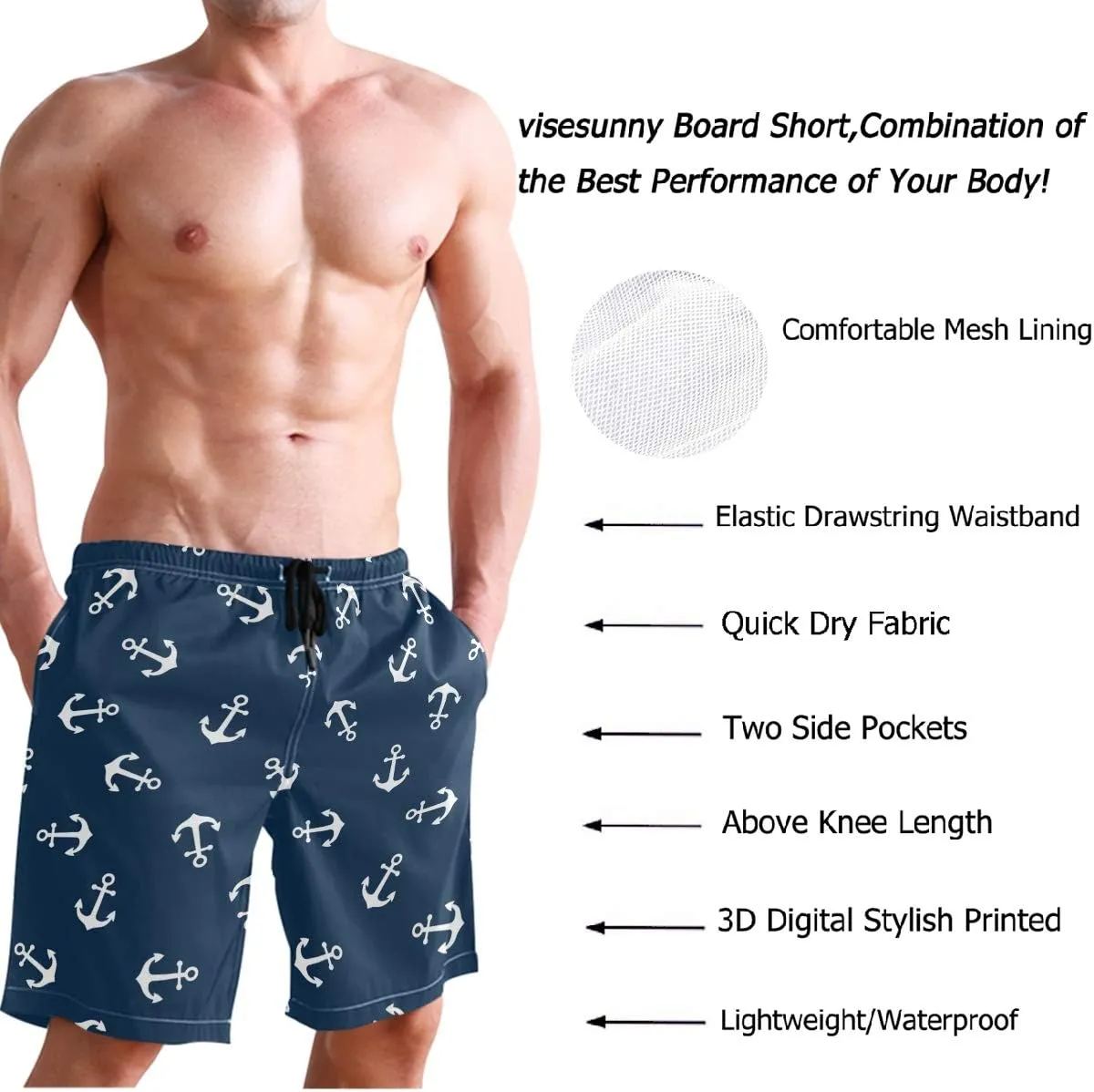 visesunny Men's Novelty Beach Shorts Quick Dry Swimwear Sports Running Swim Board Shorts