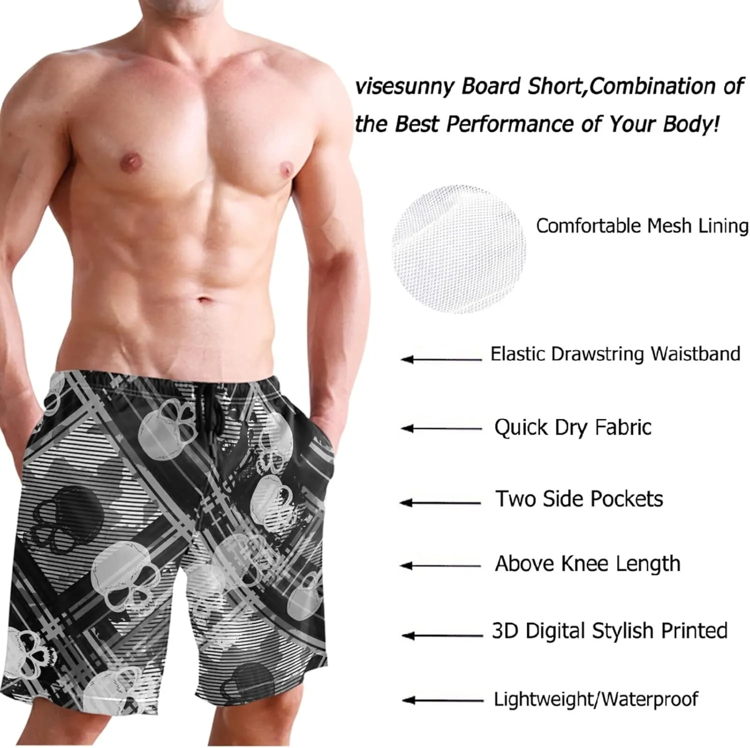 visesunny New Summer Men's Swim Trunks Quick Dry Bathing Suits Holiday Beach Short Casual Board Shorts