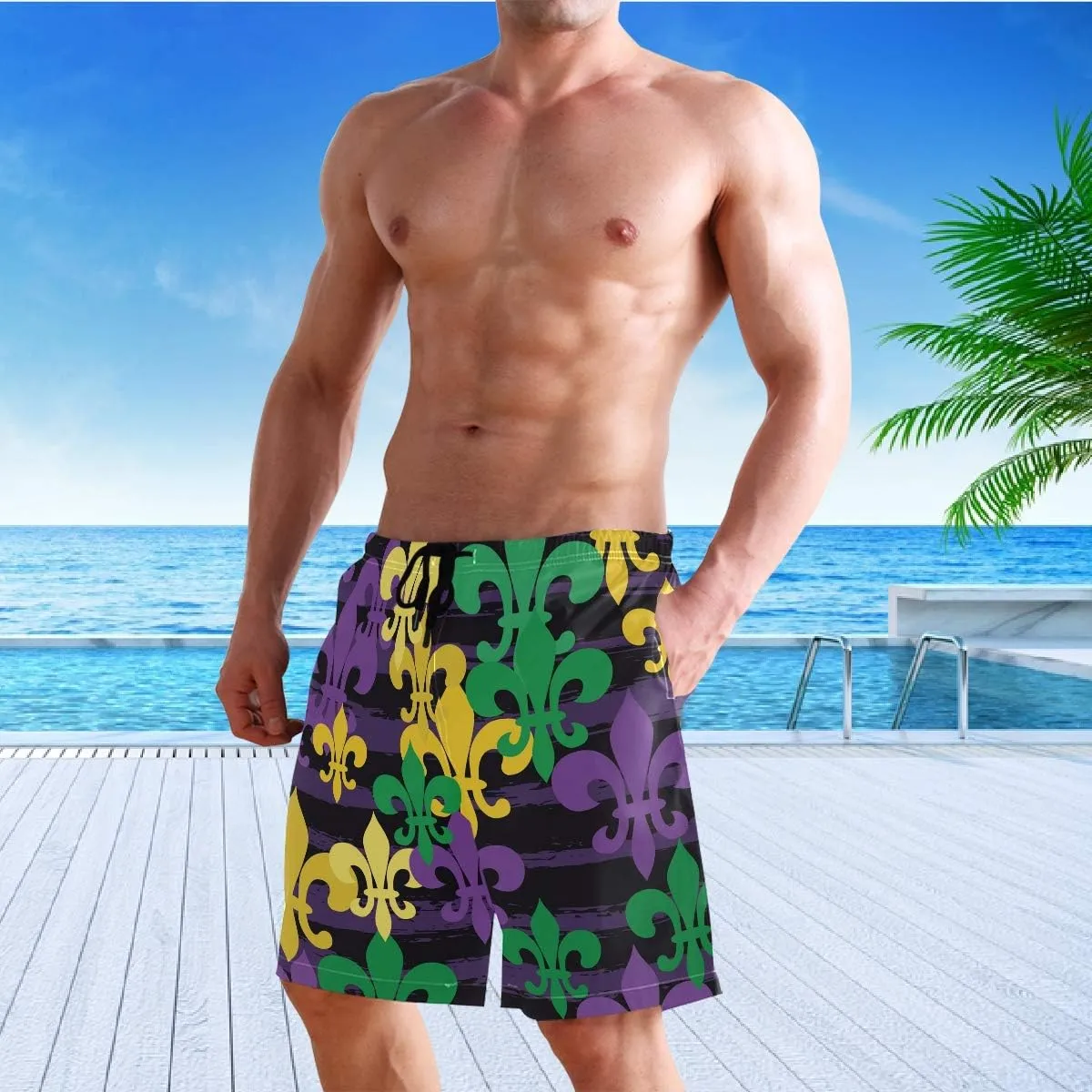 visesunny New Summer Men's Swim Trunks Quick Dry Bathing Suits Holiday Beach Short Casual Board Shorts