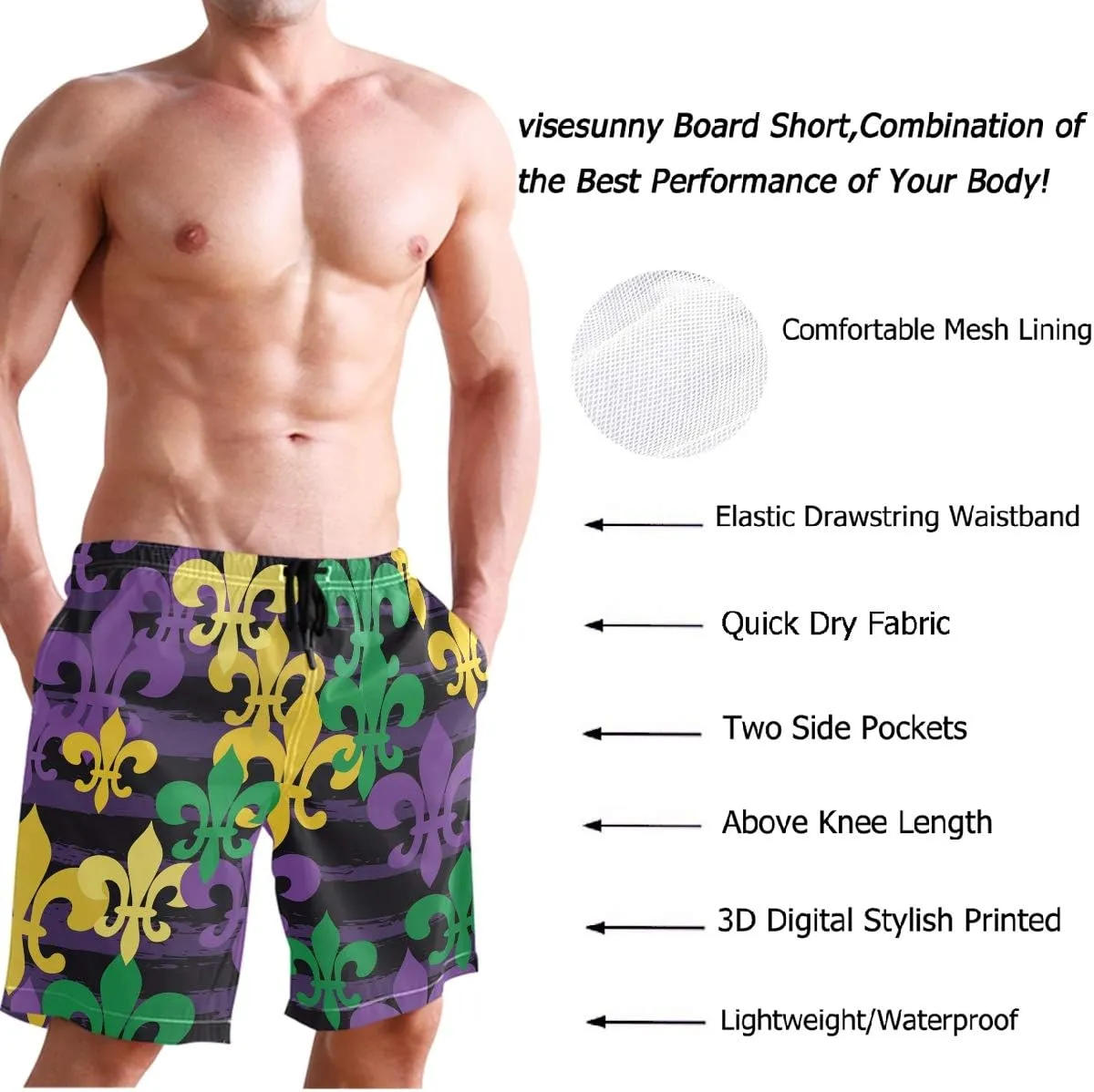 visesunny New Summer Men's Swim Trunks Quick Dry Bathing Suits Holiday Beach Short Casual Board Shorts