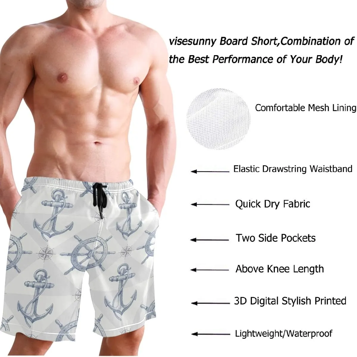 visesunny New Summer Men's Swim Trunks Quick Dry Bathing Suits Holiday Beach Short Casual Board Shorts