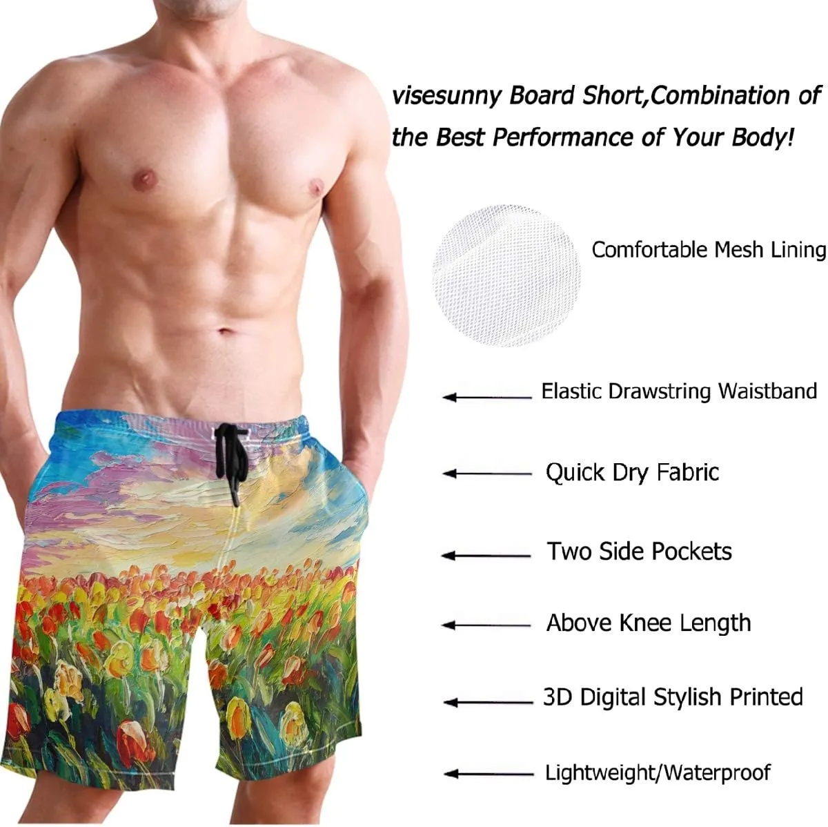 visesunny Stylish Mens Swim Trunks Quick Dry Beachwear Sports Running Swim Board Shorts Bathing Suits Mesh Lining