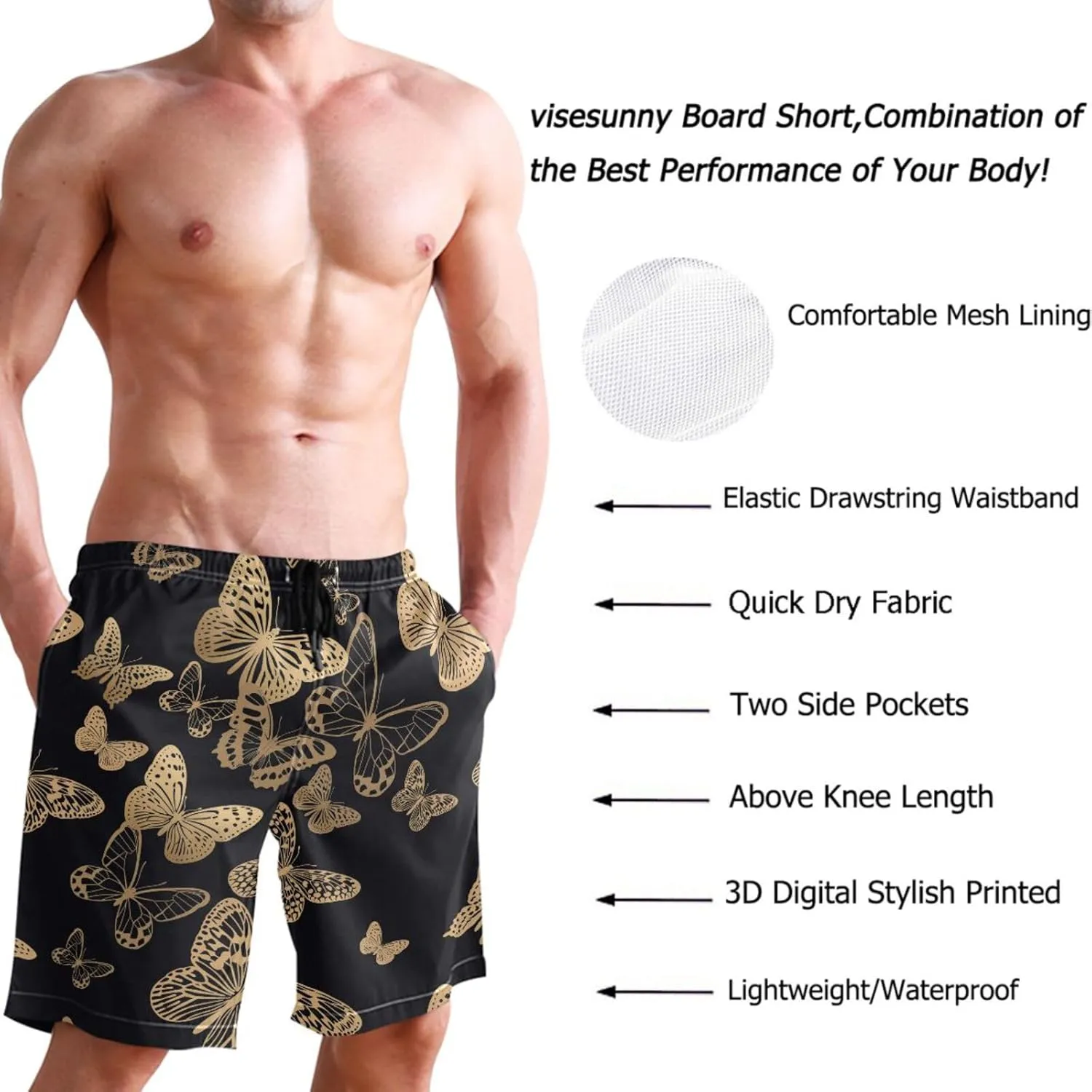 visesunny Stylish Mens Swim Trunks Quick Dry Beachwear Sports Running Swim Board Shorts Bathing Suits Mesh Lining