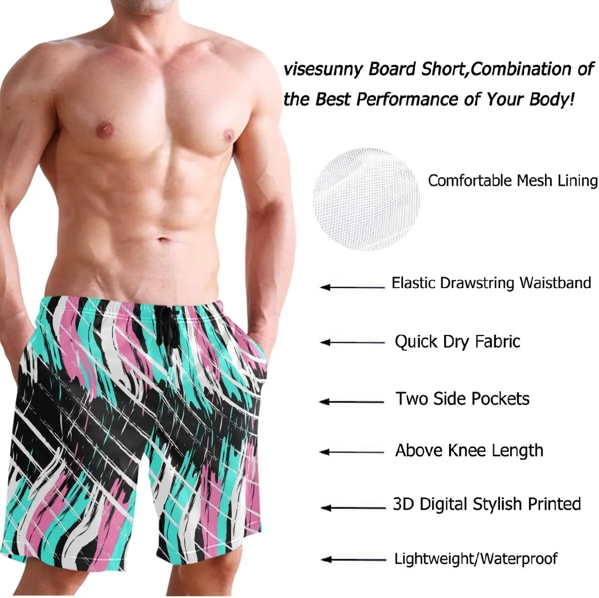 visesunny Stylish Mens Swim Trunks Quick Dry Beachwear Sports Running Swim Board Shorts Bathing Suits Mesh Lining