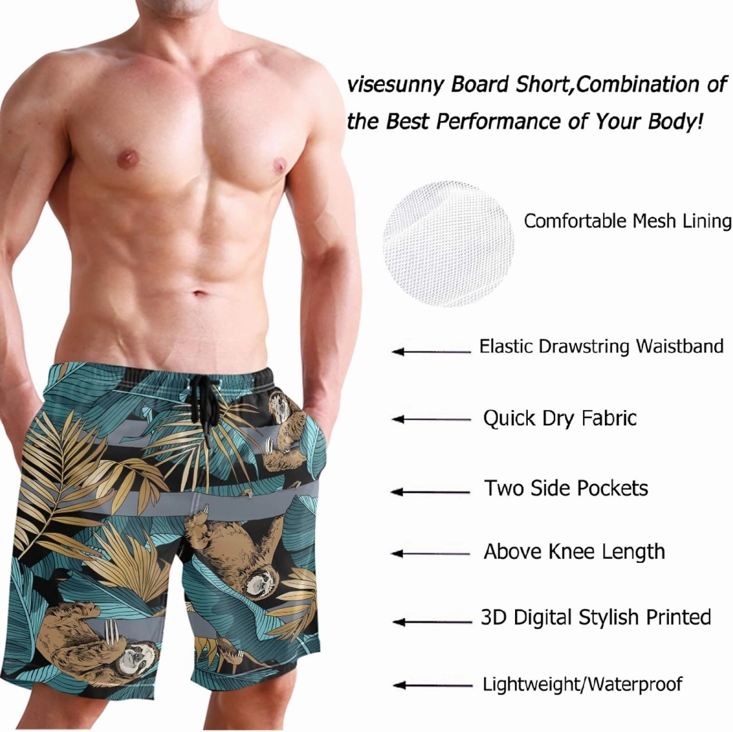 visesunny Fashion Funny Style Men's Beach Shorts Swim Trunks Quick Dry Casual Polyester Swim Shorts with Pockets S-XXL