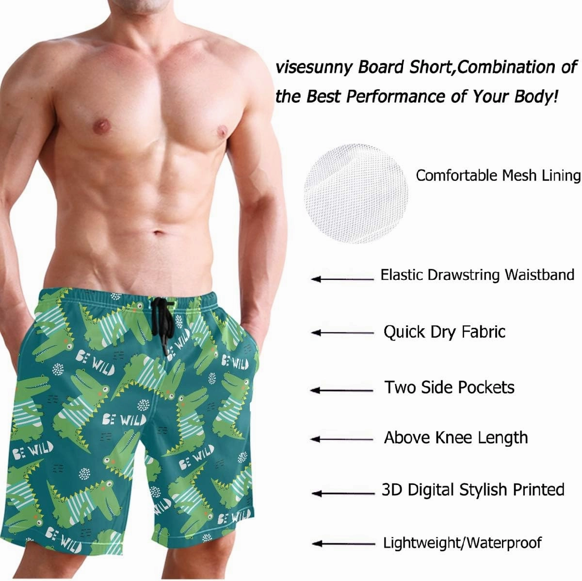 visesunny Men's Novelty Beach Shorts Quick Dry Swimwear Sports Running Swim Board Shorts Bathing Suits with Pockets Summer