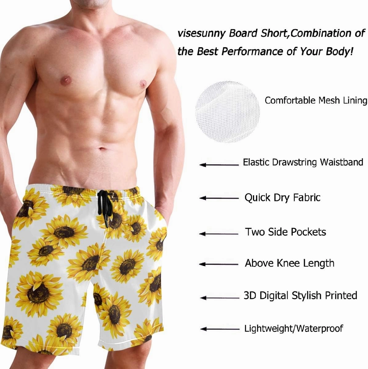visesunny New Summer Men's Swim Trunks Quick Dry Bathing Suits Holiday Beach Short Casual Board Shorts