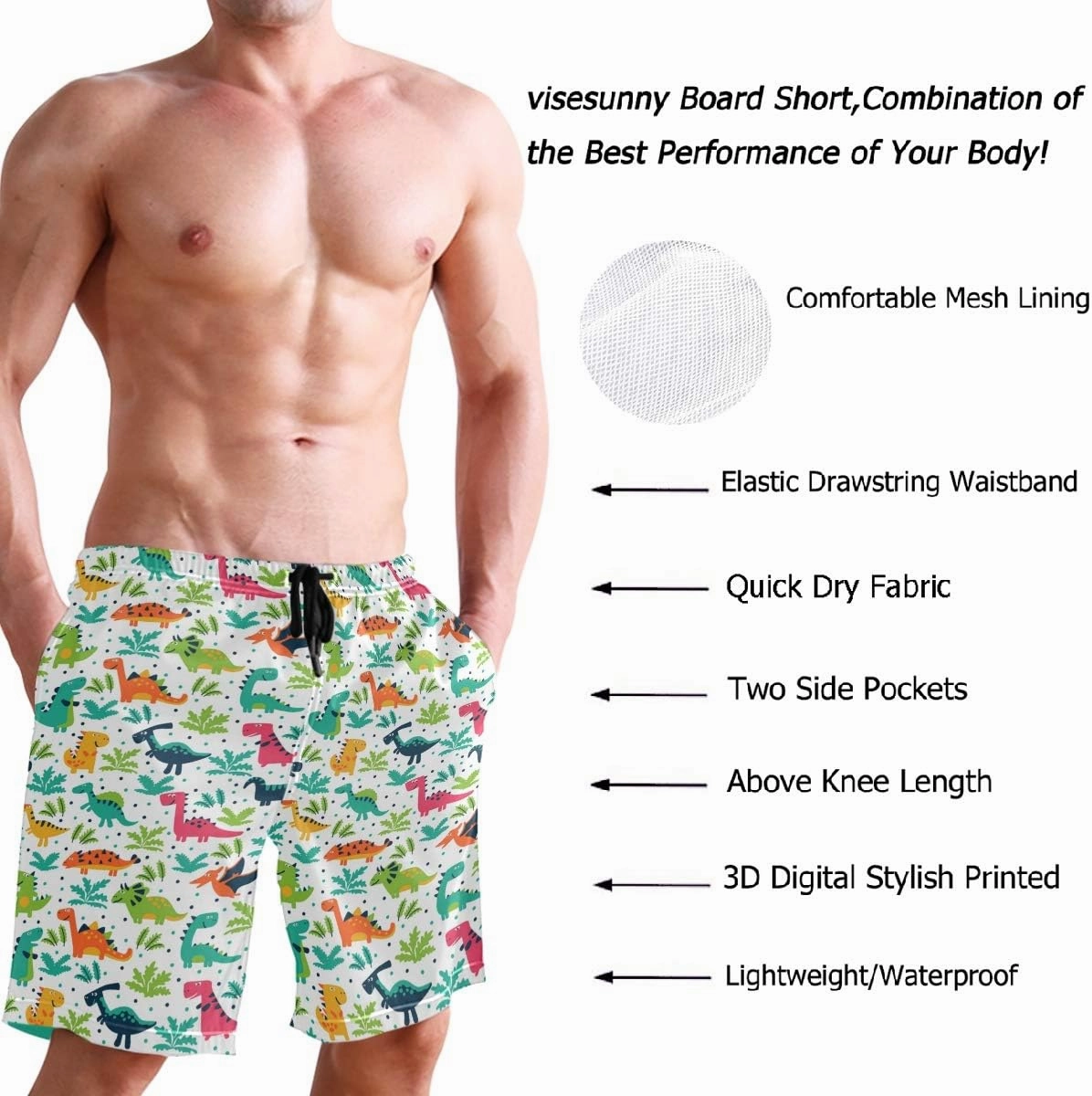 visesunny New Summer Men's Swim Trunks Quick Dry Bathing Suits Holiday Beach Short Casual Board Shorts