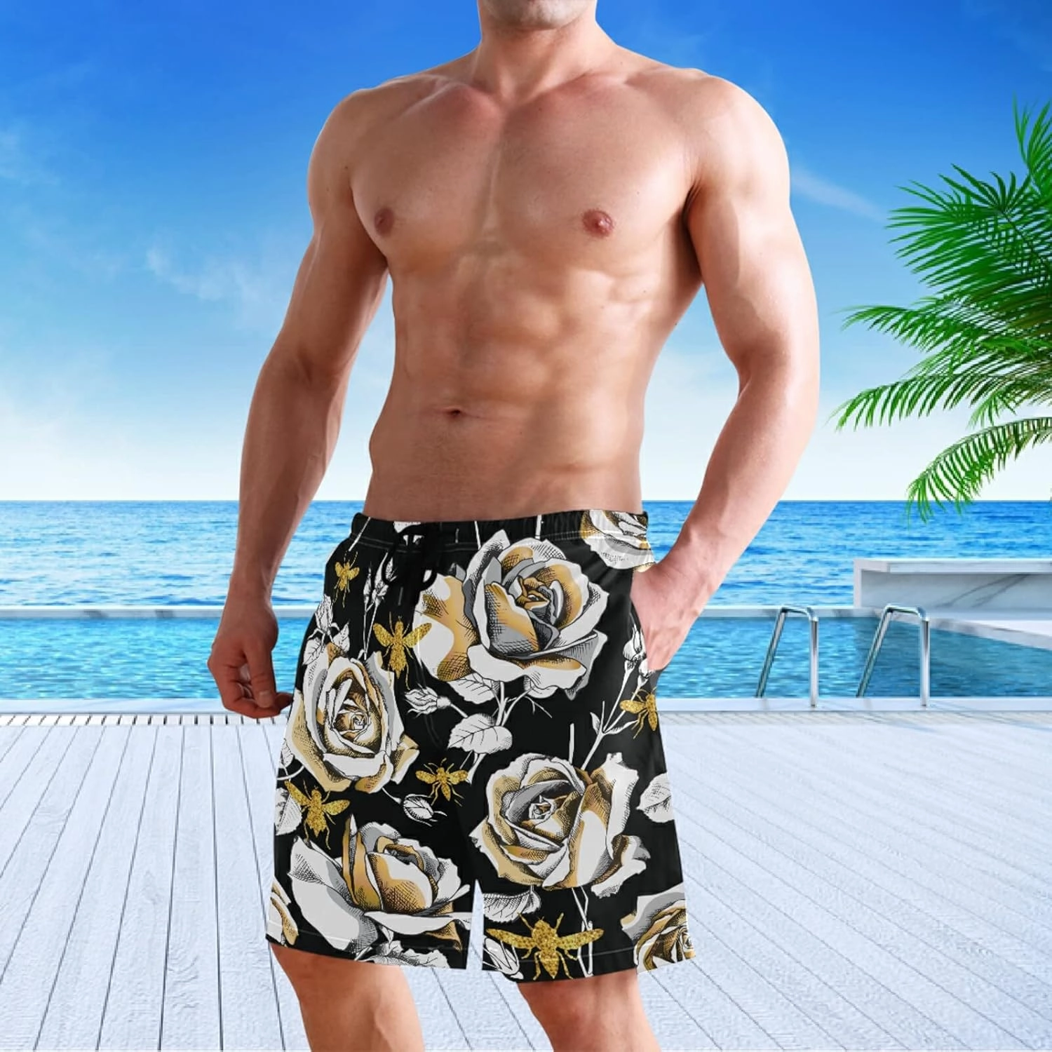 visesunny Stylish Mens Swim Trunks Quick Dry Beachwear Sports Running Swim Board Shorts Bathing Suits Mesh Lining