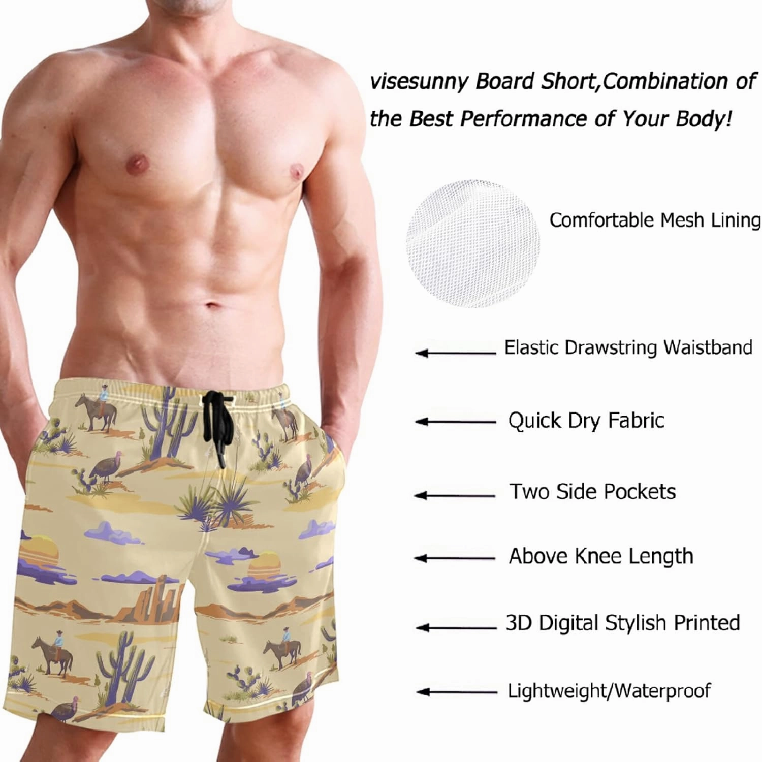 visesunny Stylish Mens Swim Trunks Quick Dry Beachwear Sports Running Swim Board Shorts Bathing Suits Mesh Lining