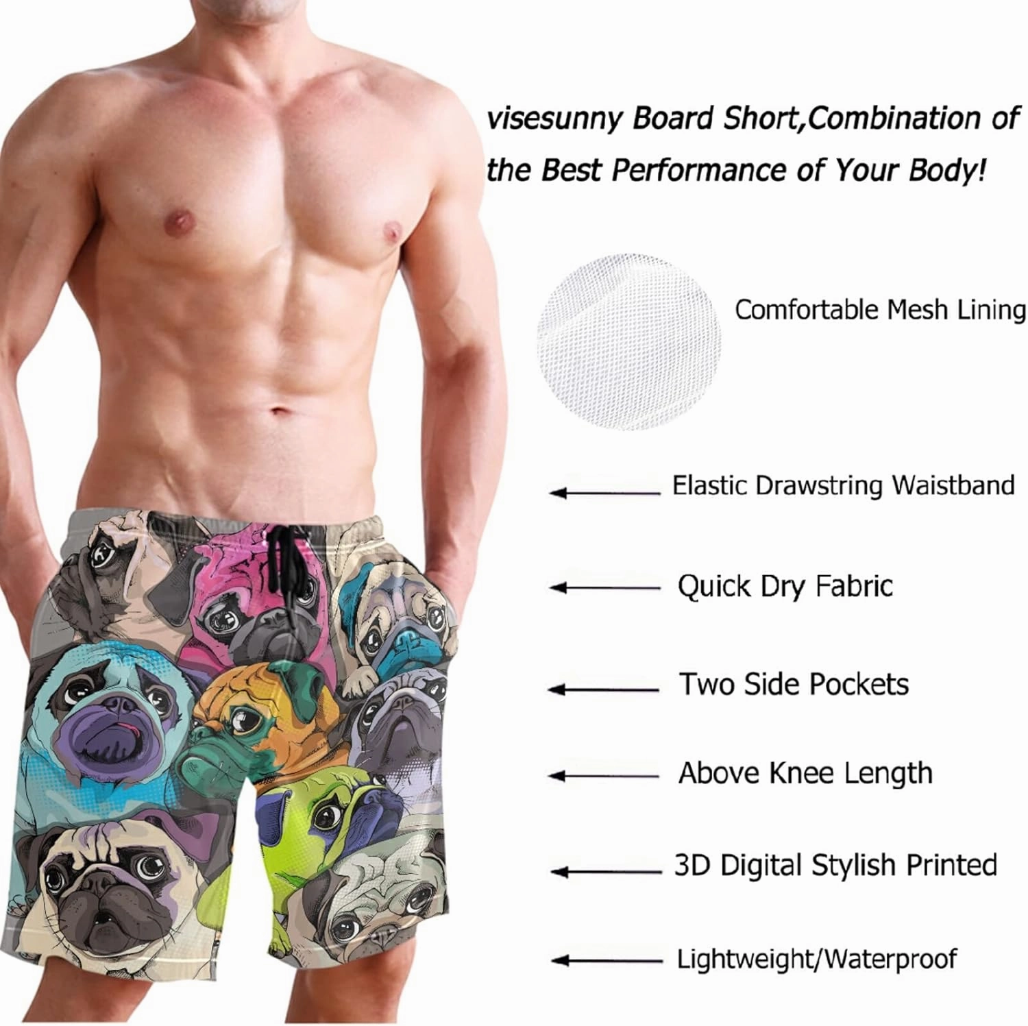 visesunny Stylish Mens Swim Trunks Quick Dry Beachwear Sports Running Swim Board Shorts Bathing Suits Mesh Lining
