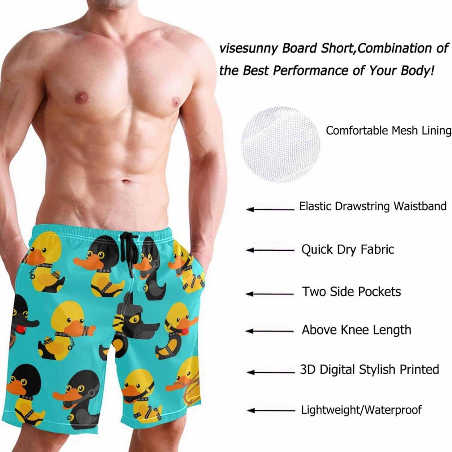 visesunny Stylish Mens Swim Trunks Quick Dry Beachwear Sports Running Swim Board Shorts Bathing Suits Mesh Lining