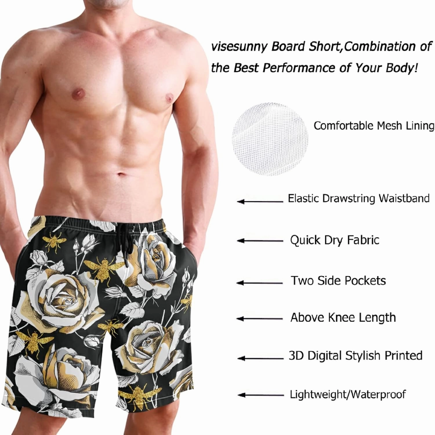 visesunny Stylish Mens Swim Trunks Quick Dry Beachwear Sports Running Swim Board Shorts Bathing Suits Mesh Lining