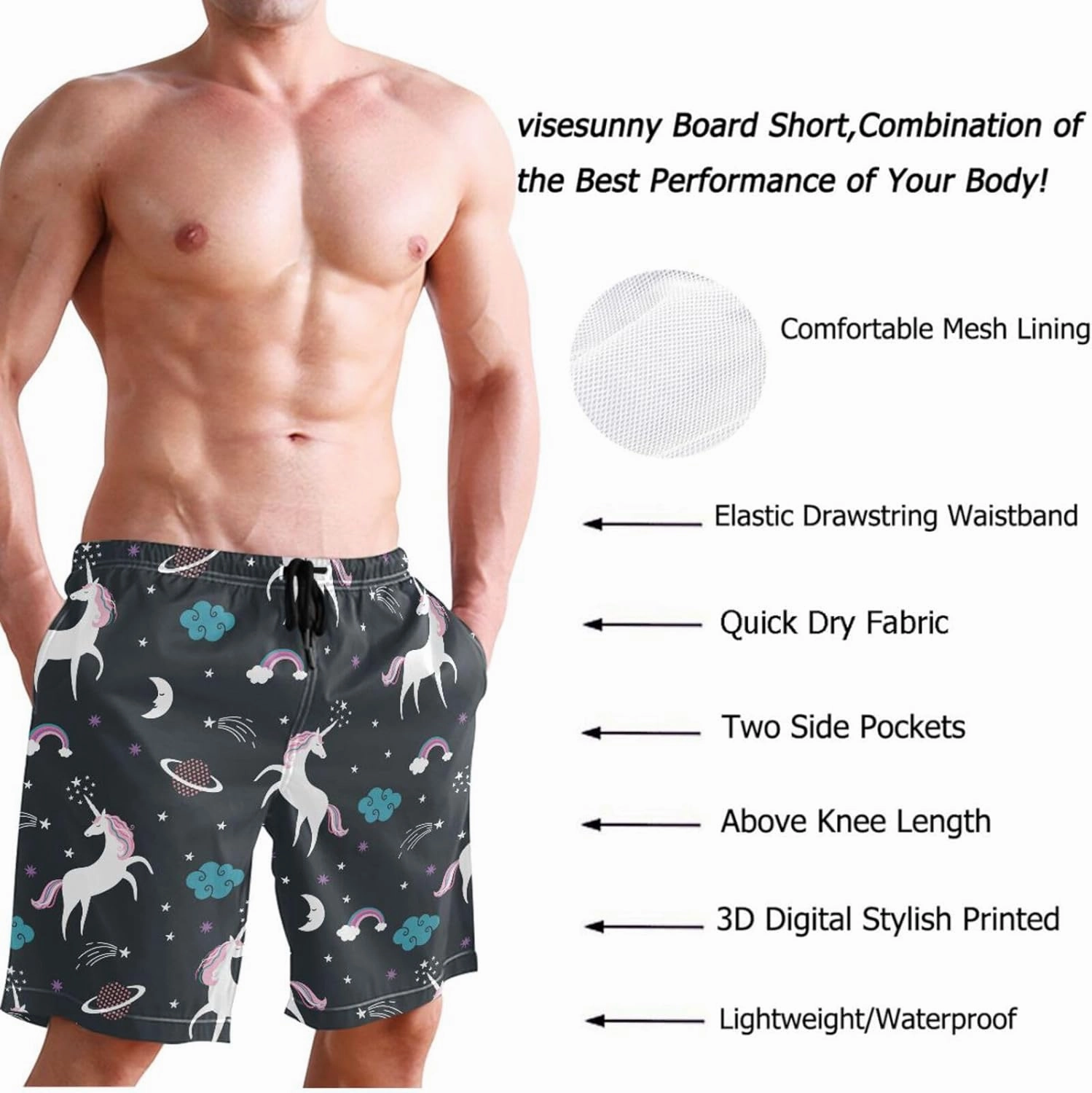visesunny Stylish Mens Swim Trunks Quick Dry Beachwear Sports Swim Board Shorts Holiday Party Bathing Suits