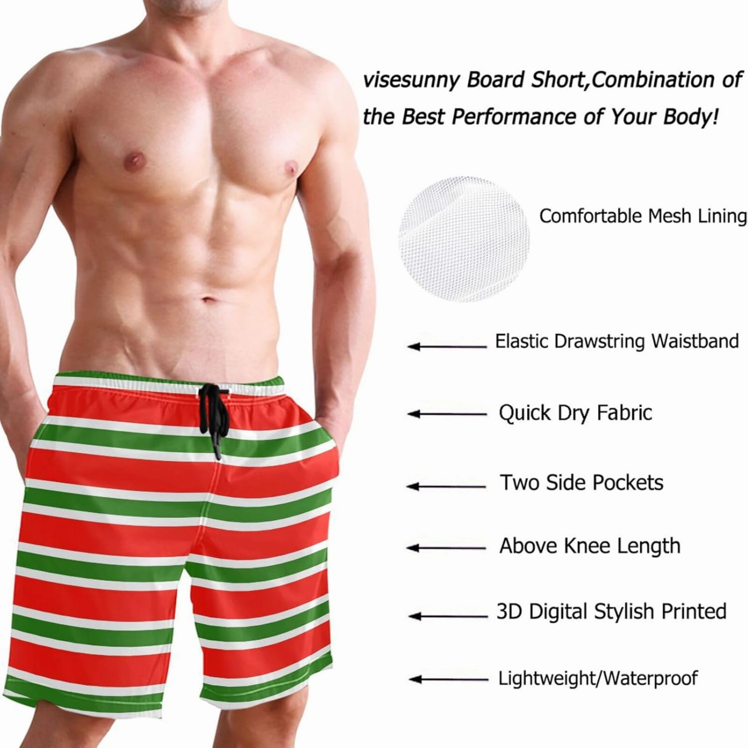 visesunny Stylish Mens Swim Trunks Quick Dry Beachwear Sports Swim Board Shorts Holiday Party Bathing Suits