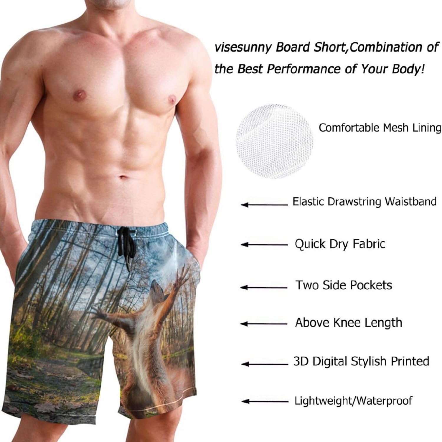 visesunny Stylish Mens Swim Trunks Quick Dry Beachwear Sports Swim Board Shorts Holiday Party Bathing Suits