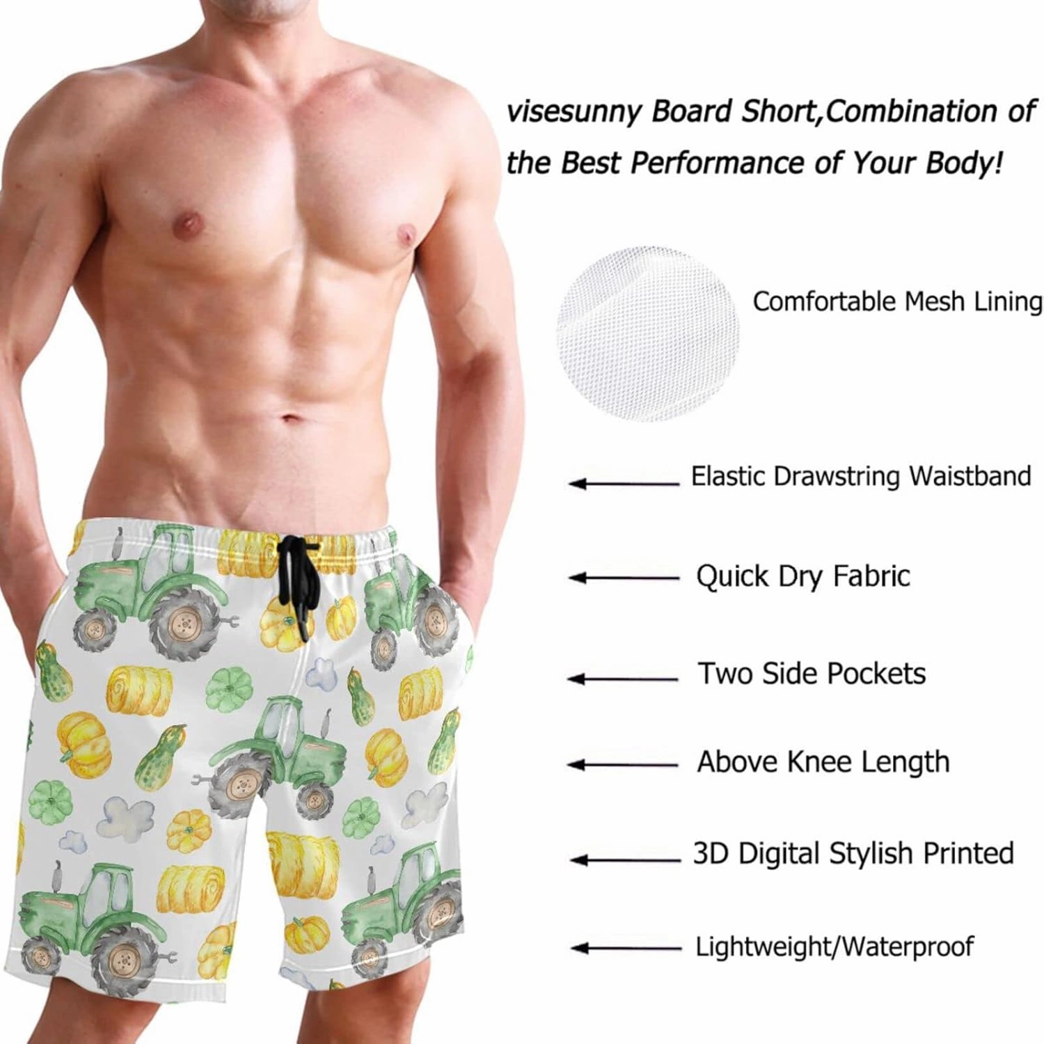 visesunny Stylish Summer Mens Swim Trunks Quick Dry Beachwear Sports Swim Board Shorts Holiday Party Bathing Suits