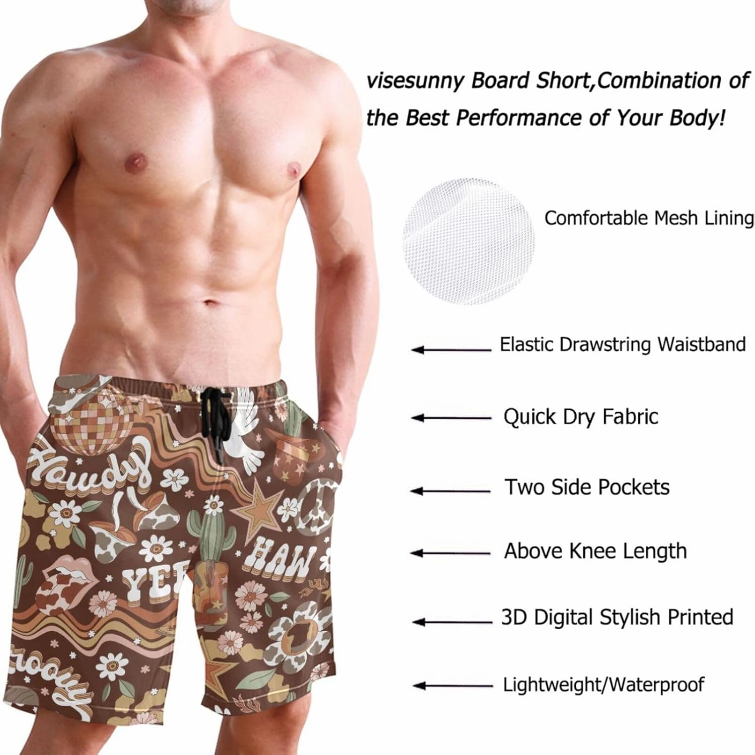 visesunny Stylish Summer Mens Swim Trunks Quick Dry Beachwear Sports Swim Board Shorts Holiday Party Bathing Suits