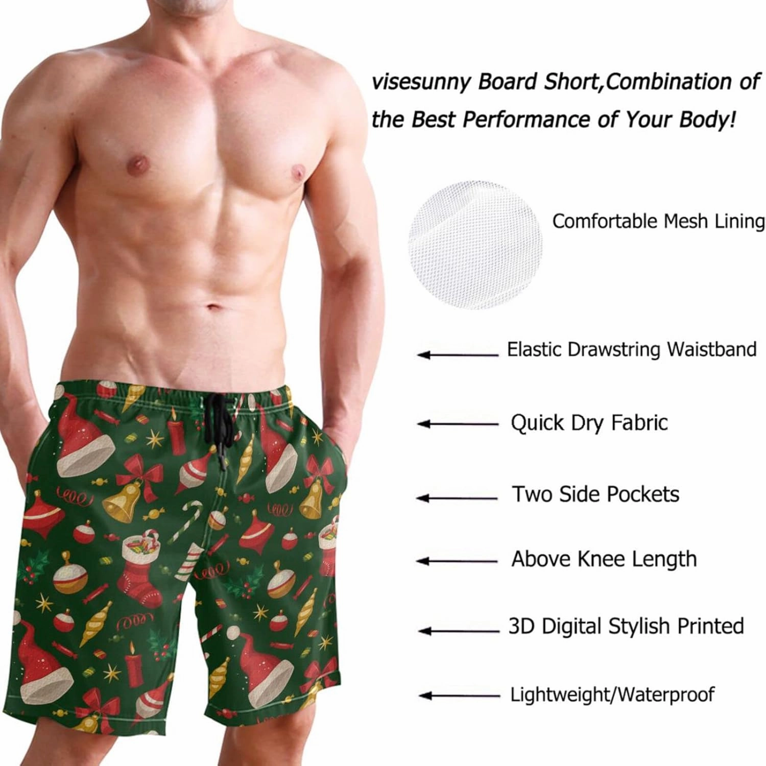 visesunny Stylish Summer Mens Swim Trunks Quick Dry Beachwear Sports Swim Board Shorts Holiday Party Bathing Suits