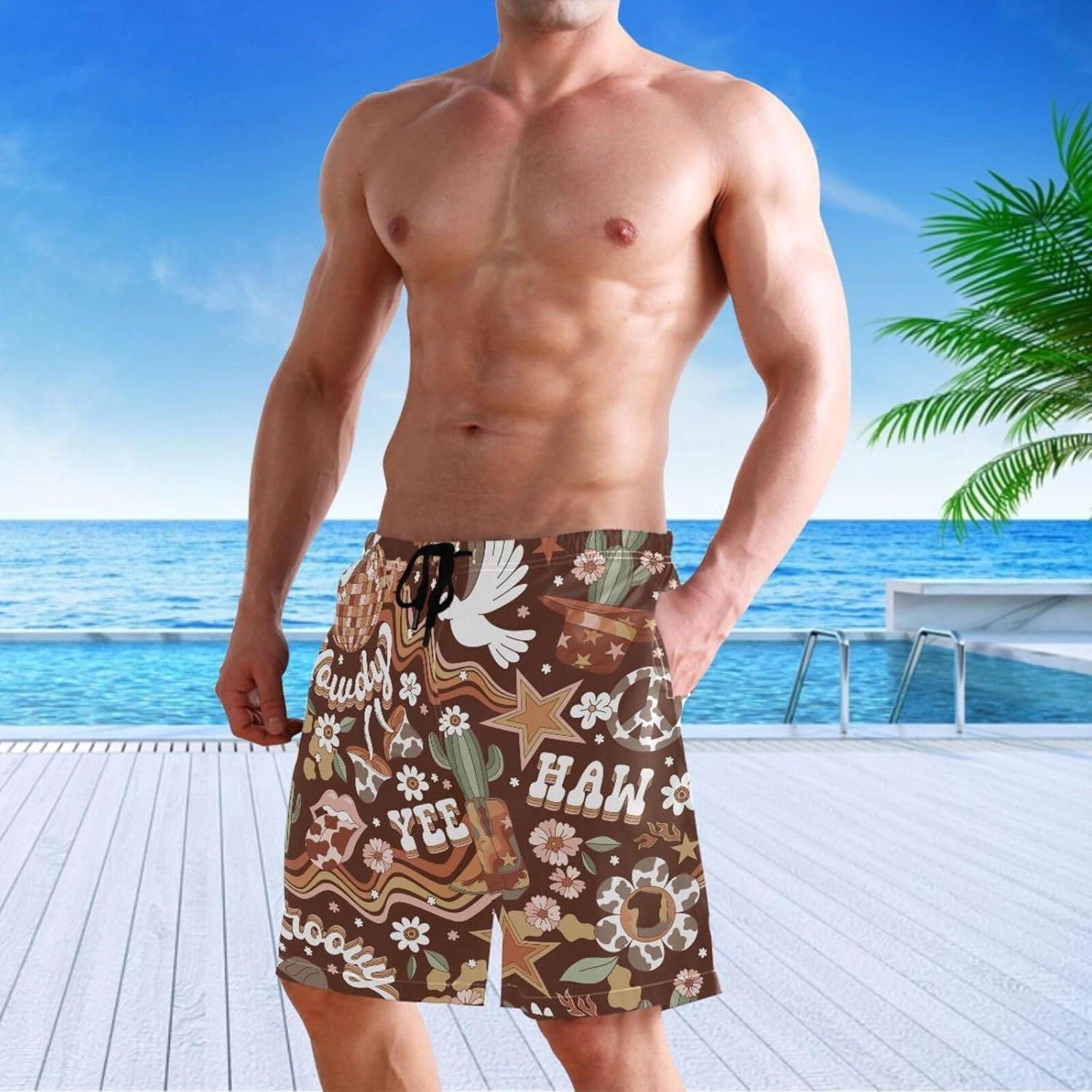 visesunny Stylish Summer Mens Swim Trunks Quick Dry Beachwear Sports Swim Board Shorts Holiday Party Bathing Suits