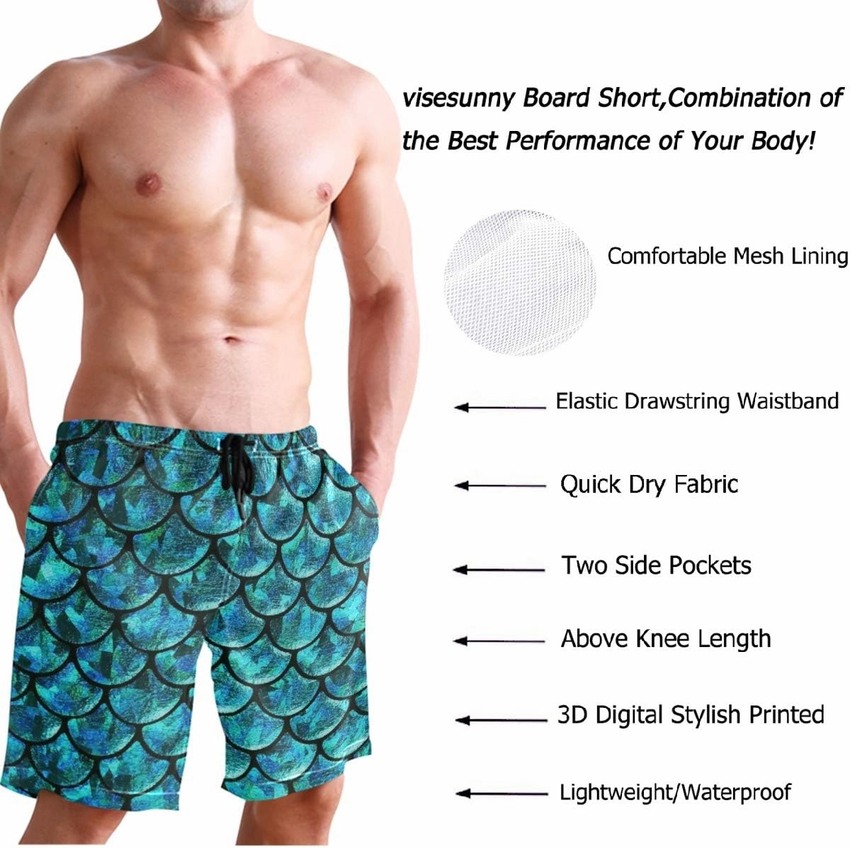 visesunny Summer Mens Swim Trunks Mesh Liner Swimming Trunks Men's Bathing Suit Quick Dry Swim Shorts