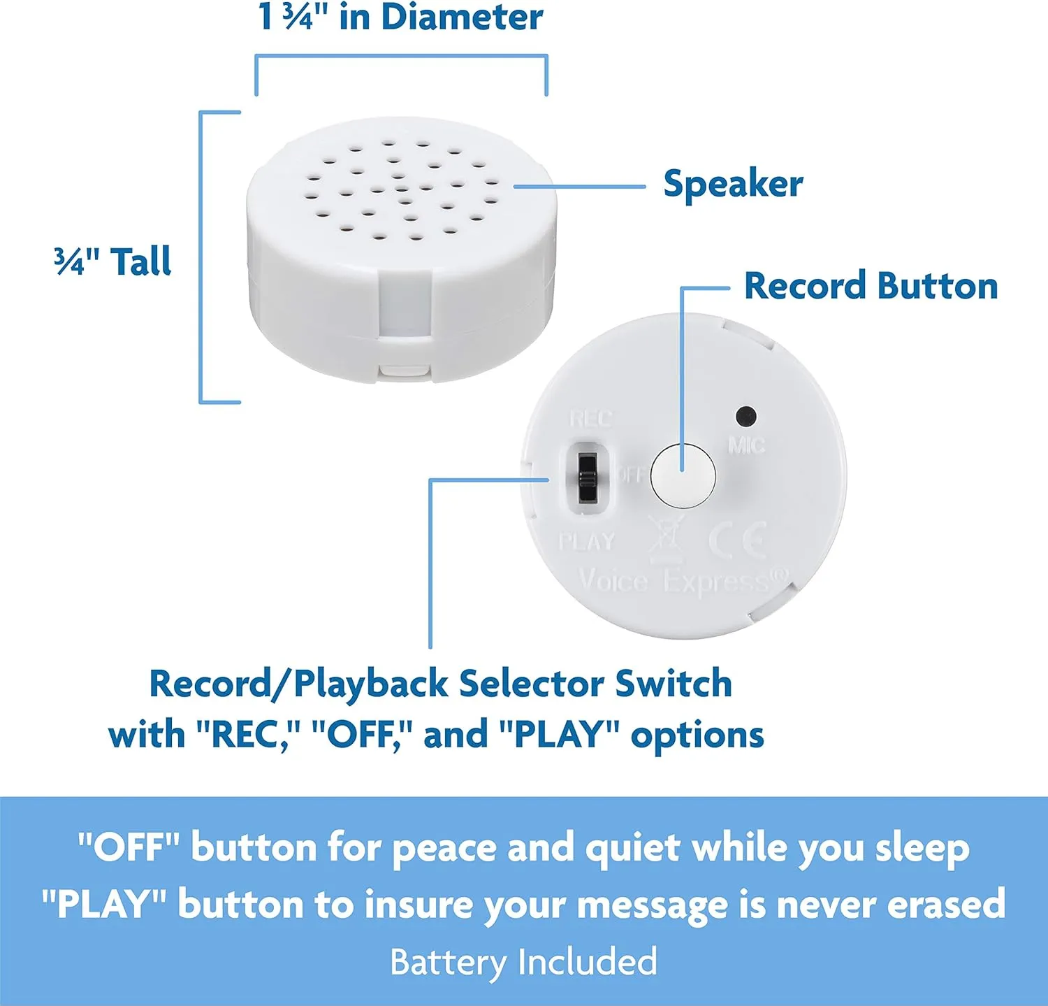 VoiceGift 60 Second Multi-Message Voice Recorder, Record Custom Messages for Plush Toy, Stuffed Bear Toy, Baby Doll Toy, and Pillow - 1 Pack