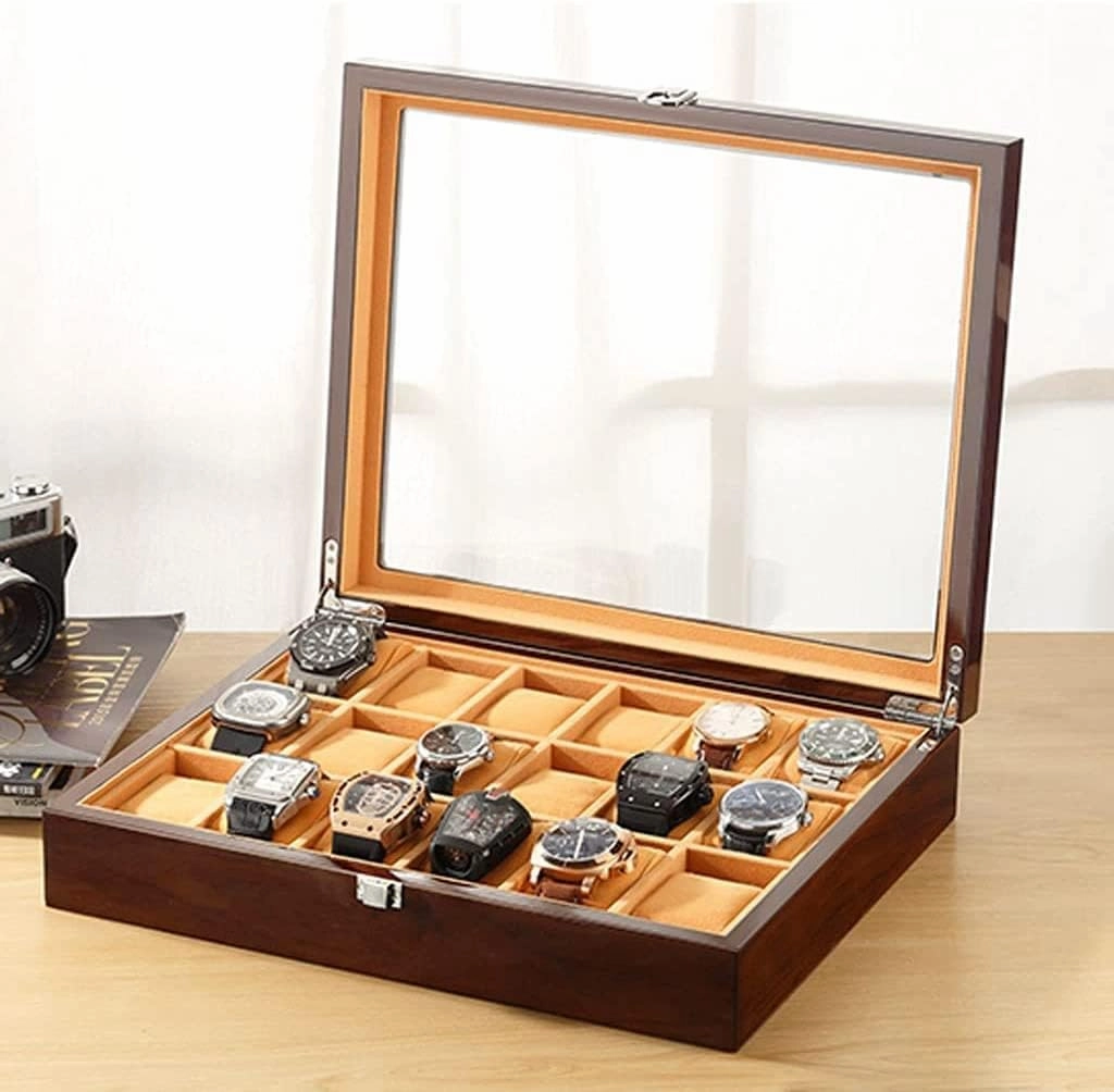 Watch Box Case Watch Organizer 18-pcs Wooden Watch Box With Transparent Glass Top Cover,Lockable Jewelry Storage Box Watch Storage Boxes Watch Display Box