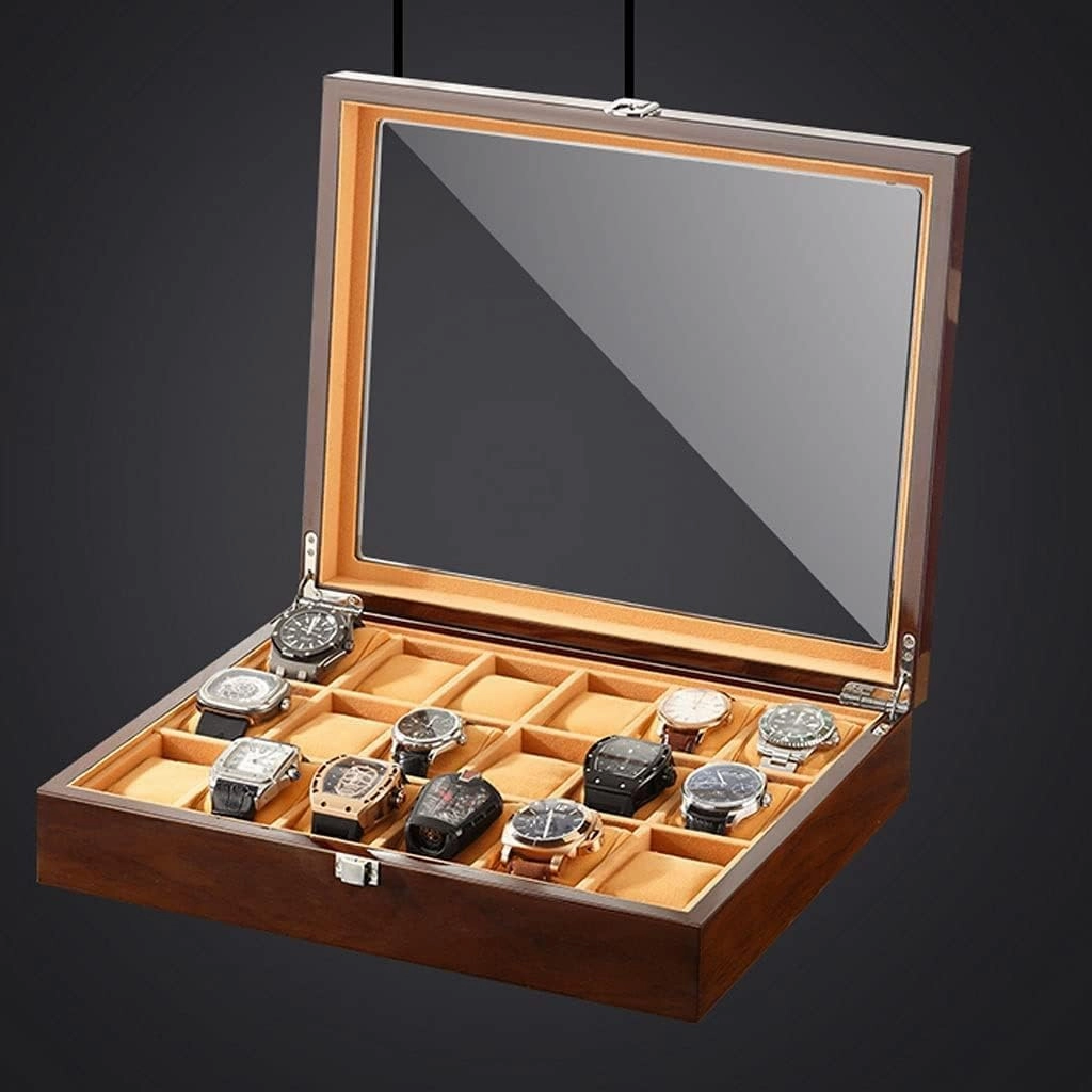 Watch Box Case Watch Organizer 18-pcs Wooden Watch Box With Transparent Glass Top Cover,Lockable Jewelry Storage Box Watch Storage Boxes Watch Display Box