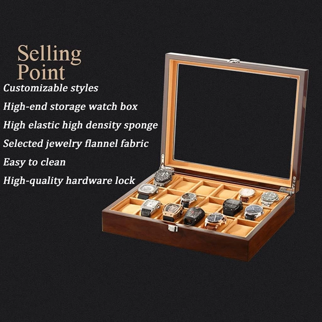 Watch Box Case Watch Organizer 18-pcs Wooden Watch Box With Transparent Glass Top Cover,Lockable Jewelry Storage Box Watch Storage Boxes Watch Display Box