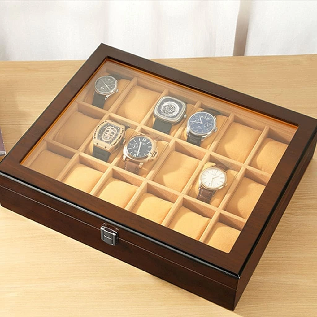 Watch Box Case Watch Organizer 18-pcs Wooden Watch Box With Transparent Glass Top Cover,Lockable Jewelry Storage Box Watch Storage Boxes Watch Display Box