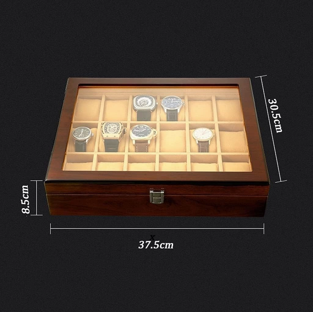 Watch Box Watch Case 18-pcs Wooden Watch Box With Transparent Glass Top Cover,Lockable Jewelry Storage Box Watch Organiser Men
