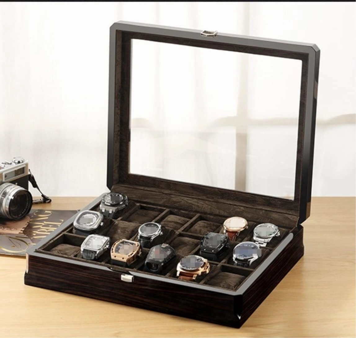 Watch Case Wooden Watch Box with Transparent Glass Top Cover 18-Piece Watch Storage Box Lockable Jewelry Case Watch Box (Color : B, Size : 37.5 * 8.5 * 30.5cm)