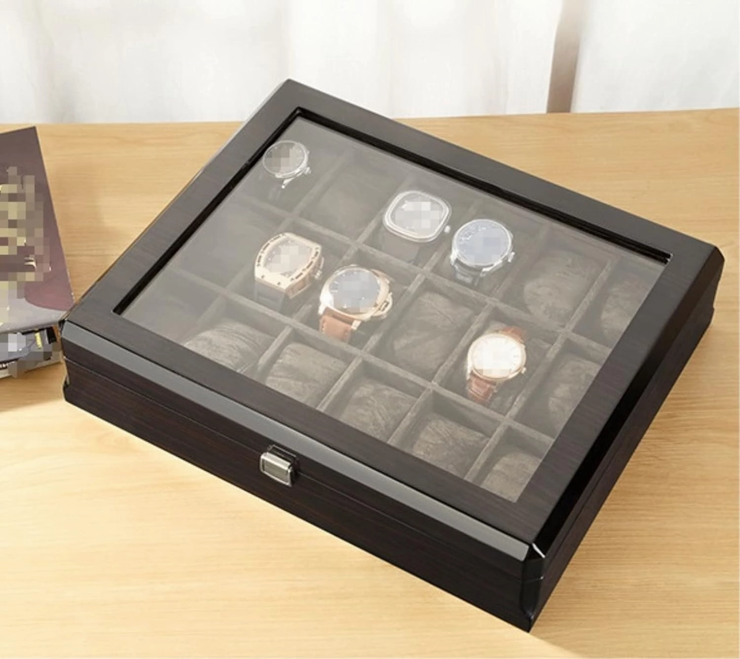 Watch Case Wooden Watch Box with Transparent Glass Top Cover 18-Piece Watch Storage Box Lockable Jewelry Case Watch Box (Color : B, Size : 37.5 * 8.5 * 30.5cm)
