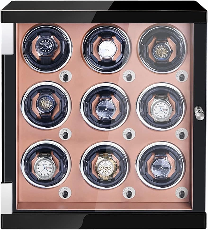 Watch Display Box Watch Winder for 9 Automatic Watches Watches Display Box with LED Lights Wood Shell Piano Finish Quiet Japanese Motor Fit Lady and Man Watches (Brown Pu 9 0)
