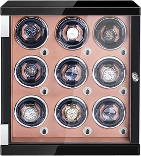 Watch Display Box Watch Winder for 9 Automatic Watches Watches Display Box with LED Lights Wood Shell Piano Finish Quiet Japanese Motor Fit Lady and Man Watches (Brown Pu 9 0)