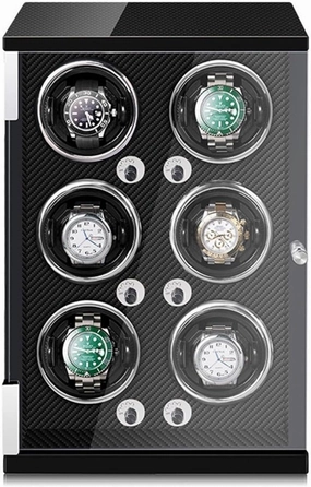 Watch Winder Automatic Watch Winder for 1/2/4/6 Watches in Wood Shell and Black Carbon Fiber Leather Watches Display Box with LED Lights Japanese Motor Open and
