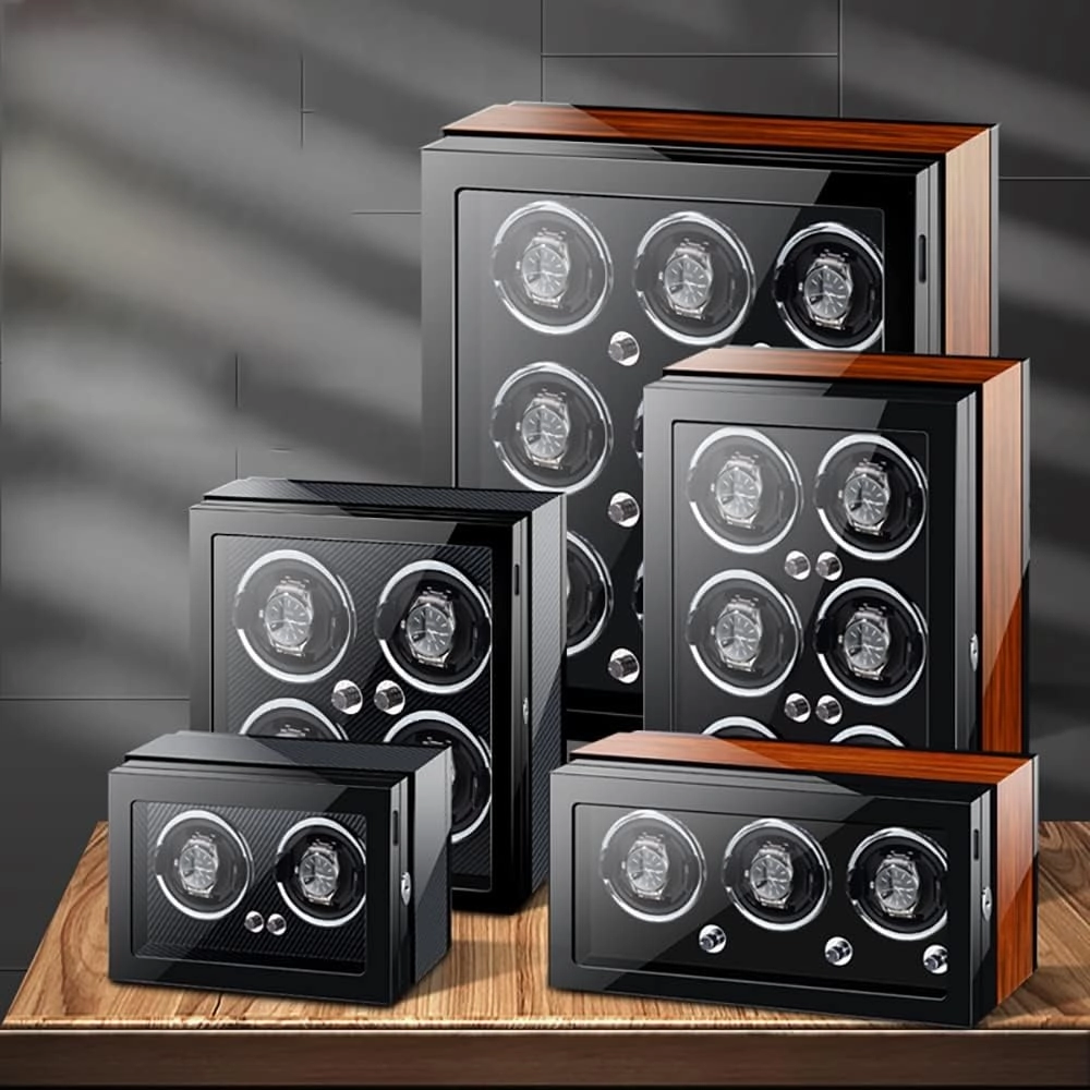 Watch Winder Box for Self-Winding 4 6 9 Watches with LED Light and Quiet Motor Display Box Wooden Piano Finish Adjustable Watch Pillows Rotator Case
