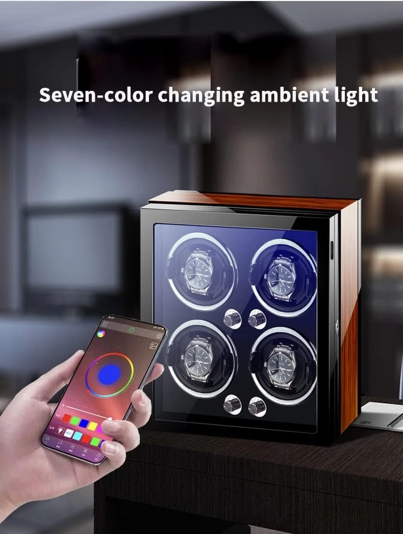 Watch Winder Box for Self-Winding 4 6 9 Watches with LED Light and Quiet Motor Display Box Wooden Piano Finish Adjustable Watch Pillows Rotator Case