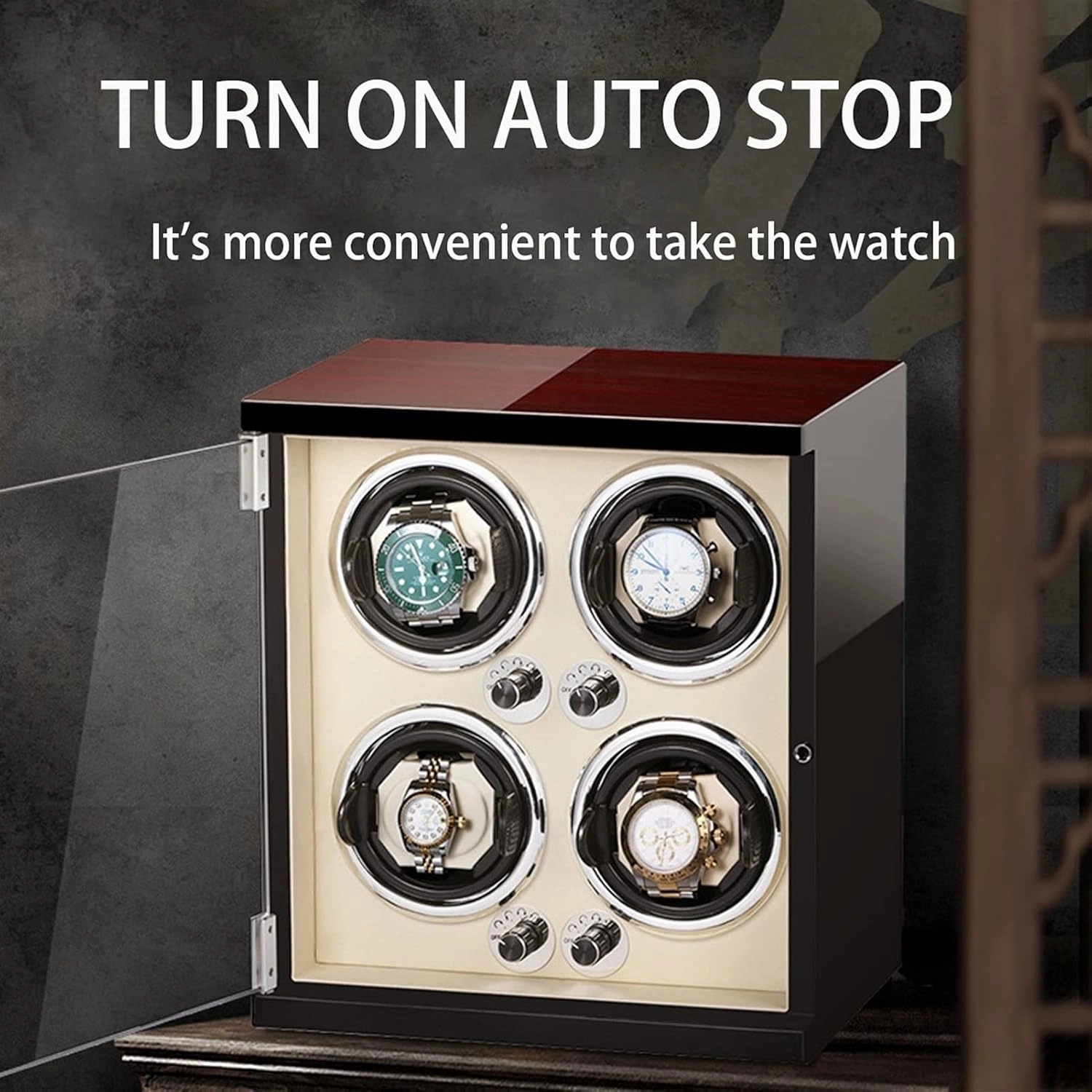 Watch Winder for 4 Automatic Watches Watches Display Box with LED Lights Quiet Motor Adjustable Watch Pillows Fit Lady and Man Watches (Beige Pu 4 0)