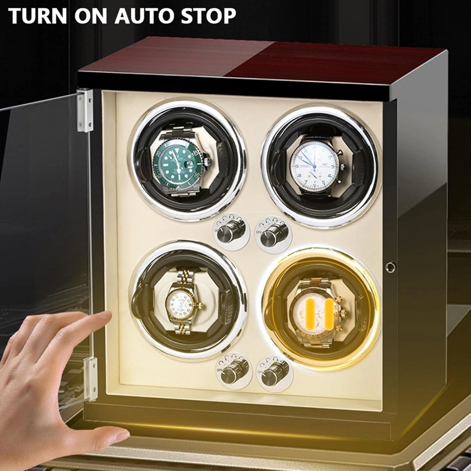Watch Winder for 4 Watches Watch Rotator Box with Led Lights Quiet Japanese Motor Adjustable Watch Pillows Fit Lady and Man Watches,Carbon Fiber-4 0