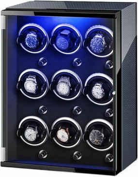 Watch Winders for 9 Automatic Watches with Quiet Motor Wood Shell Display Box Multiple Rotation Modes Winding Case