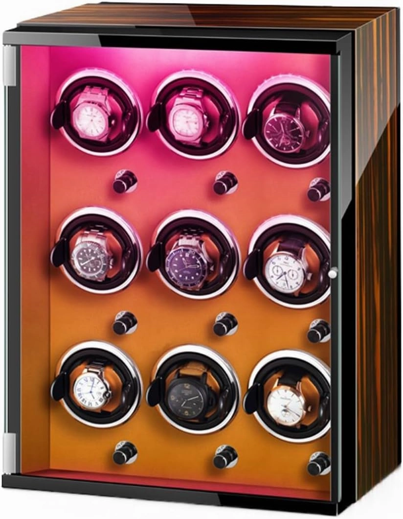 Watch Winders for 9 Automatic Watches with Quiet Motor Wood Shell Display Box Multiple Rotation Modes Winding Case