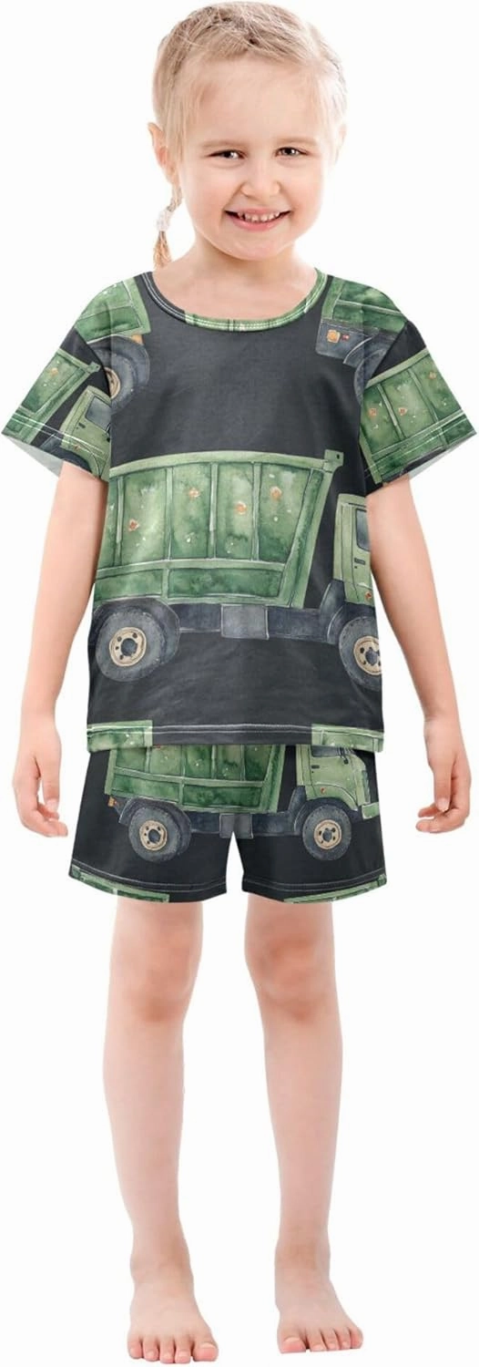 Watercolor Green Garbage Truck Pajamas Short Set 2 Piece Summer Sleepwear