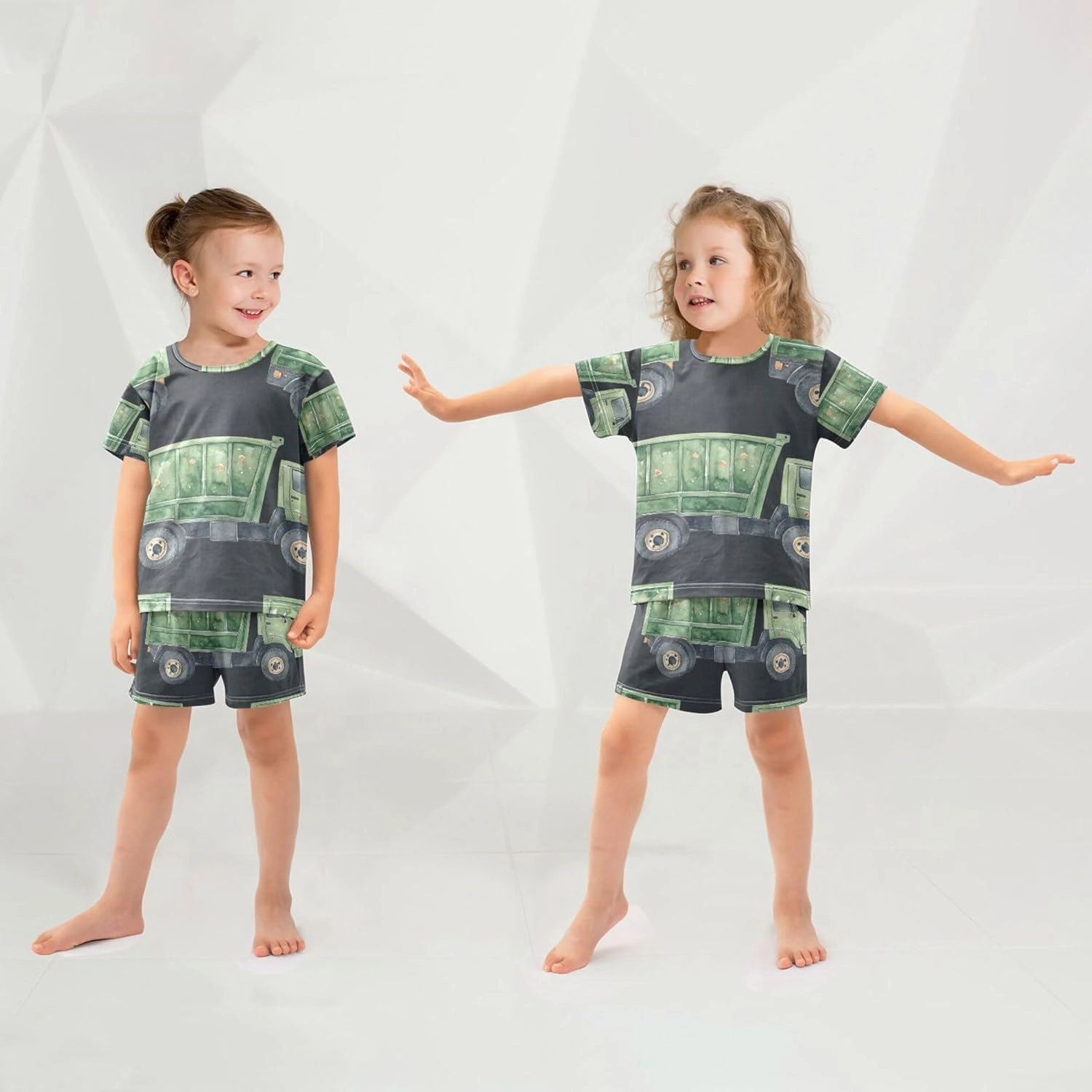 Watercolor Green Garbage Truck Pajamas Short Set 2 Piece Summer Sleepwear